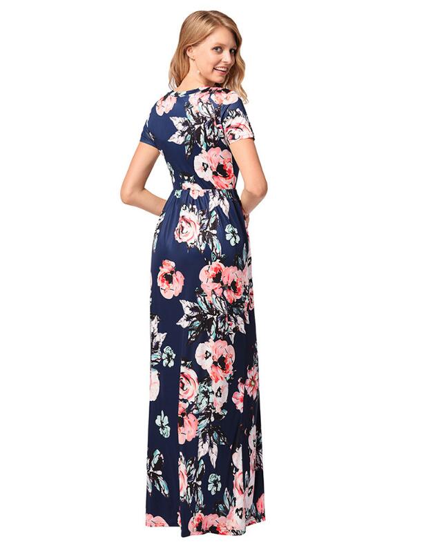 SZ60130-2  Summer Floral Print Long Dresses Maxi Waist High Tunic Pocket Dress